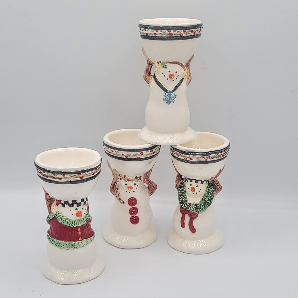 Debbie Mumm Snowman Egg Cups Set 4 Christmas Folk Art Ceramic Farmhouse